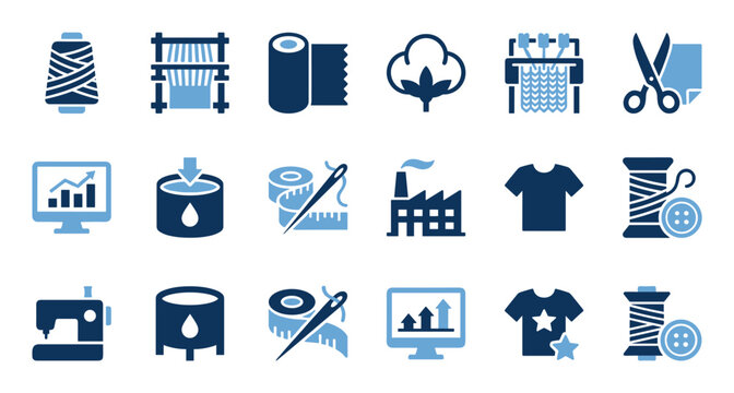 Textile industry icons set. Manufacturing and fashion production concept. Includes thread spool, loom, fabric roll, cotton, knitting machine, scissors, monitor with graph, dye vat, measuring