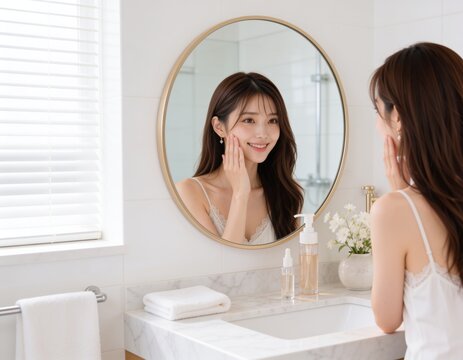 鏡を見ながら肌に触れて肌の状態を確認する笑顔の若い女性のスキンケアイメージ