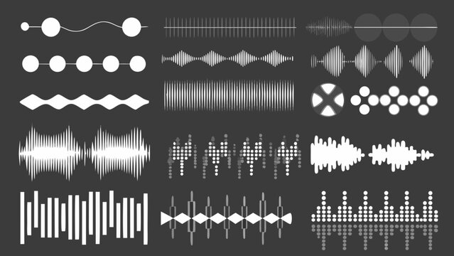 Collection of audio waveform illustrations in varying styles and densities against a dark gray background soundwave sonic frequency vibration oscillation
