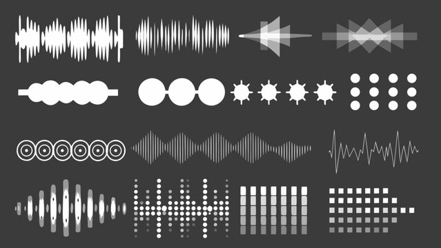 Audio waveform variations collection a grayscale vector illustration of sound wave patterns on a dark background signal frequency acoustic vibration