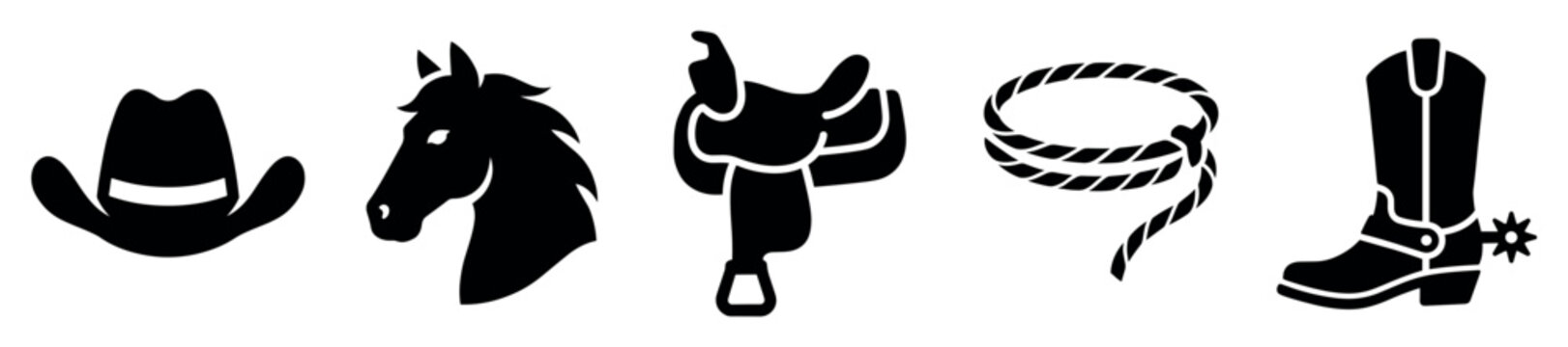 Cowboy and Western icons set. Wild West and ranch life concept. Includes cowboy hat, horse head, saddle, lasso rope, and cowboy boot with spur. Solid black silhouette style