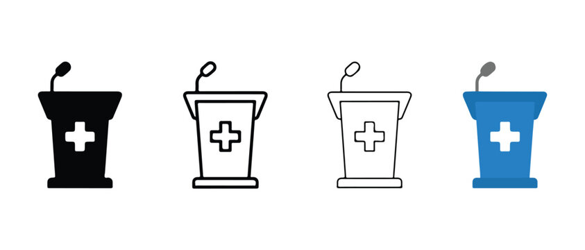 podiums with microphones and a cross on each podium  medical conference lectern
