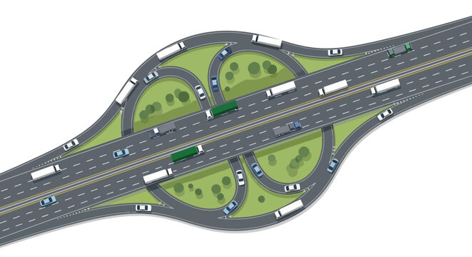 Aerial Top Down View of Modern Highway Interchange with Cars and Trucks, Logistics Infrastructure and Transportation Concept Illustration
