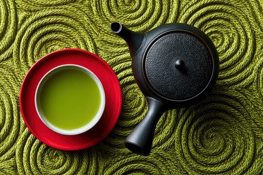 Japanese matcha green tea and black teapot on textured green background in sharp flat lay for wellness and culinary advertising