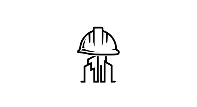 A minimalist black and white icon of a construction helmet over a city skyline
