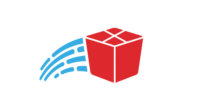 A red box icon moving quickly with blue motion lines on a white background