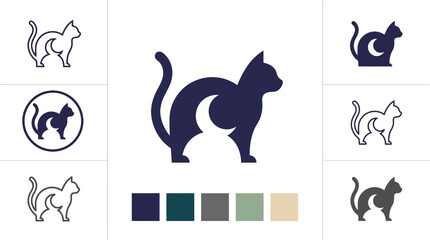 Mystical Cat Silhouette with Crescent Moon Logo Design Elements © kiarev