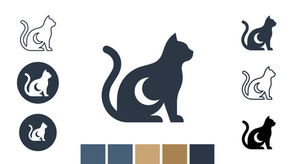 Mystical Cat Silhouette with Crescent Moon Icon Set © kiarev