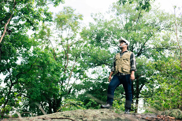 Fototapeta premium Environmental engineer surveying forest ecosystem.