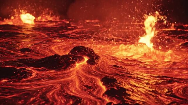 Flowing molten lava with fiery eruption and glowing volcanic magma in extreme close up cinematic slow motion