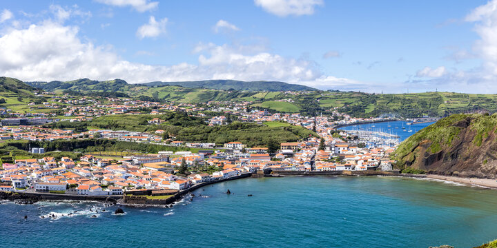 Azores islands Horta town with port and landscape on Faial island panorama on Azores, Portugal