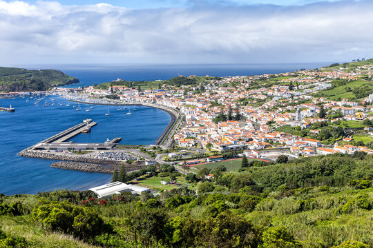 Azores islands Horta town with marina and landscape on Faial island on Azores, Portugal
