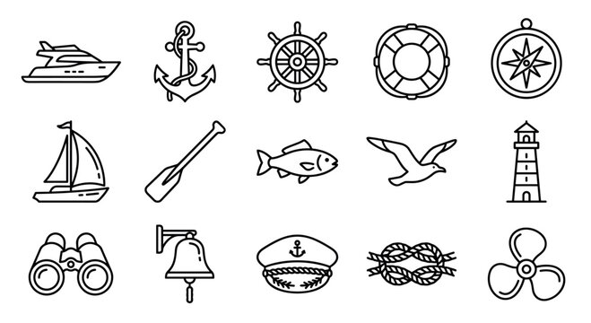 Nautical and marine icons set. Sea travel and ocean adventure concept. Includes yacht, anchor, ship wheel, lifebuoy, compass, sailboat, oar, fish, seagull, lighthouse, binoculars, ship bell,