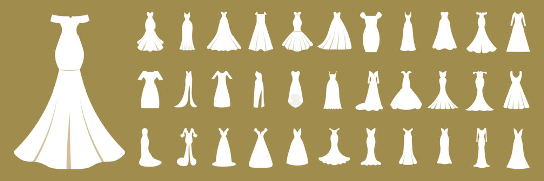 Wedding dresses collection vector different styles. Wedding dress collection. Different styles and shapes of a bridal dress silhouette. A large set of various dresses. A vector cartoon illustration.