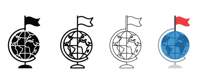 globe icons with flags on top  earth symbol  world map  geography  global  international  travel  exploration  education  illustration