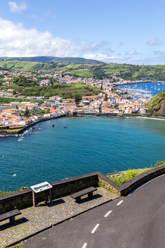 View of Azores islands Horta town with port and landscape on Faial island on Azores, Portugal