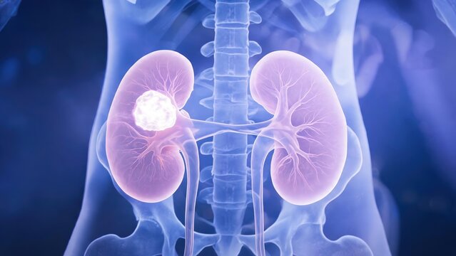 Medical imaging of renal cancer and kidney tumors showing renal lesions for clinical diagnosis, nephrology research and urinary system disease teaching use