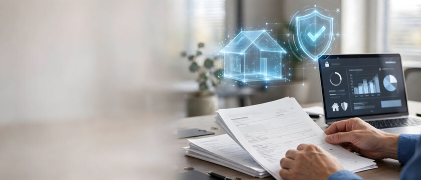 Person reviewing mortgage documents with digital house and shield approval icons