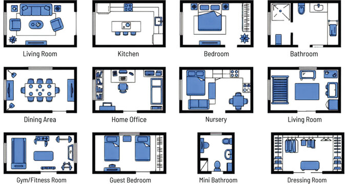 Modern Home Floor Plan and Interior Room Layout Icon Set with Living Room Kitchen Bedroom Bathroom Office Pastel Style Outline Silhouette Vector 
