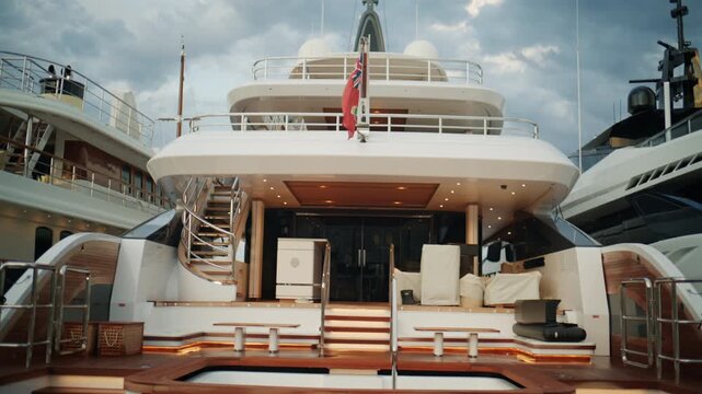 Rear view of a large luxury superyacht docked at Port Vauban Marina in Antibes, France, framed by other yachts under dramatic cloudy skies