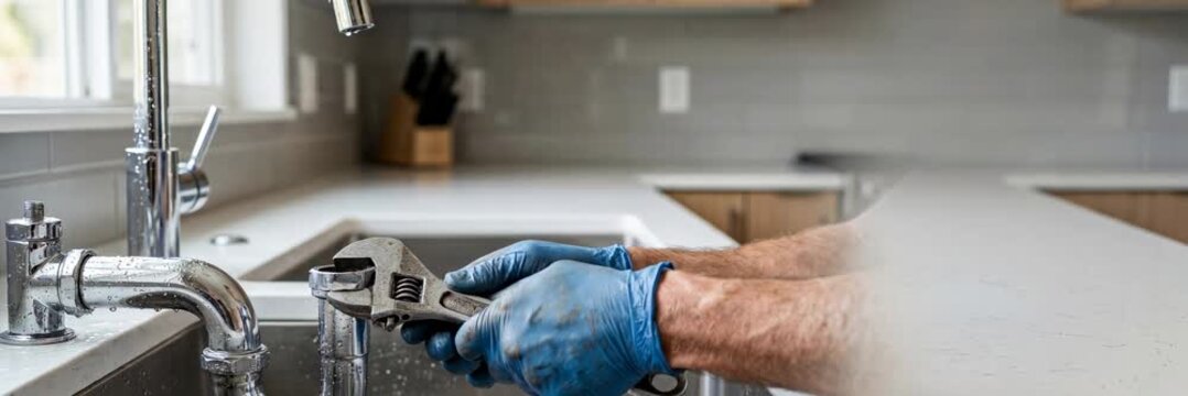 Plumber repairing a chrome kitchen faucet with an adjustable wrench, practical panoramic website banner for plumbing and home maintenance services