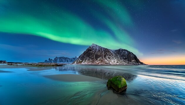 aurora borealis dancing above a heart shaped rock on uttakleiv beach in lofoten norway