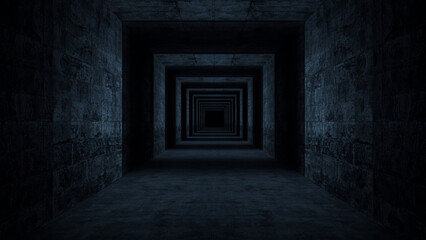 Obraz premium Endless dark concrete stone tunnel receding into pitch black shadow and void