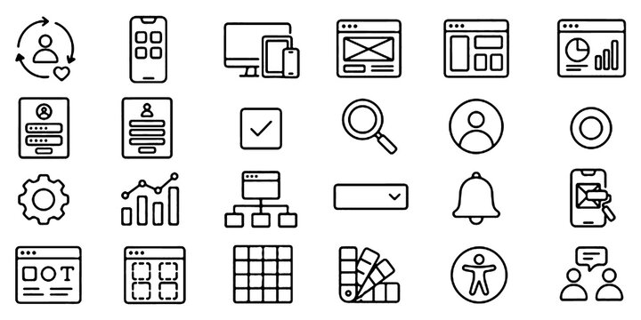UI and UX Line Icons Set with User Interface, Web Design, Mobile App, Dashboard and Technology Outline Vector Illustration.
