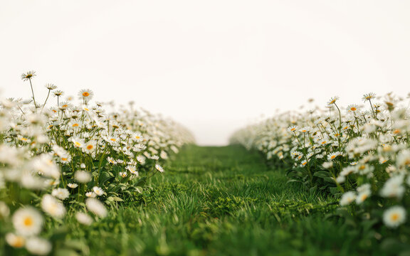 A low-angle, wide-angle photograph of a lush green meadow filled with white daisies, with a bright, overexposed white sky in the background.