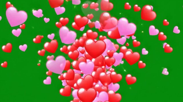 Floating hearts drift over a vivid green backdrop, sparkling