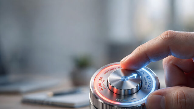 Finger turning workload dial from overload toward balanced for stress management concept