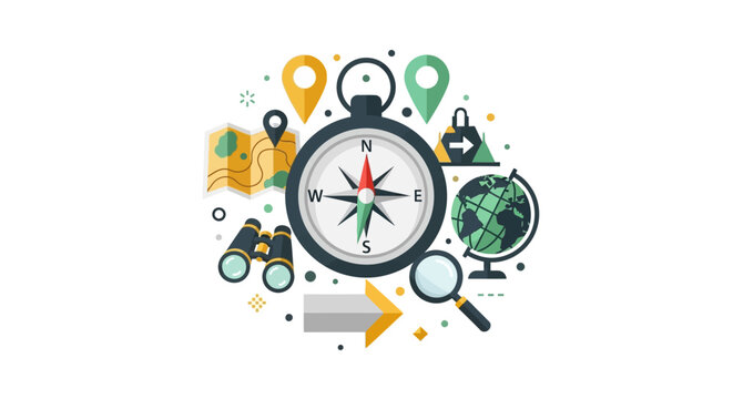 Travel and Navigation Vector Illustration Featuring Compass, Globe, Map, and Binoculars for Adventure Planning and Global Exploration
