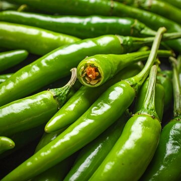 A close-up view of a pile of bright green, glossy peppers