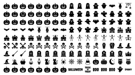 Obraz premium A comprehensive collection of black and white Halloween icons, featuring pumpkins, ghosts, bats, haunted houses, and more.