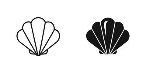 Stylized scallop shell icon in outline and solid black on white background for marine theme concepts © MD RIYAUL ISLAM