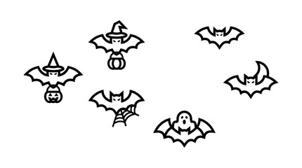 Fototapeta premium A collection of stylized black and white line art icons representing various Halloween themes including bats, pumpkins, a ghost, and a witch hat.