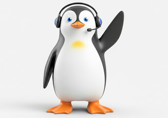 Fototapeta premium Cute penguin character wearing headset waving hello