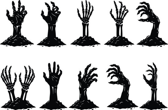 Collection of ten various zombie and skeleton hand silhouettes on background.