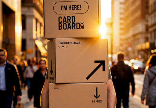 Person Carrying Cardboard Boxes Mockup in City Street