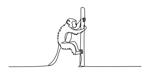 Continuous single line drawing of a cute monkey climbing a tree branch Vector, illustration © Nippon_Art Gallery