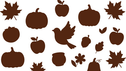 Autumn icons with pumpkins apples leaves bird and acorn silhouettes on white background © AhammadMiran99