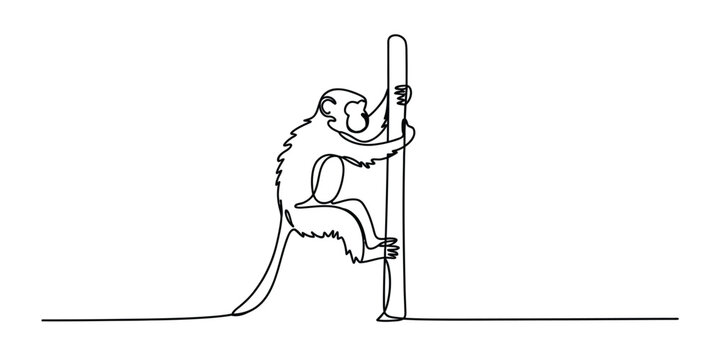 Continuous single line drawing of a cute monkey climbing a tree branch Vector, illustration