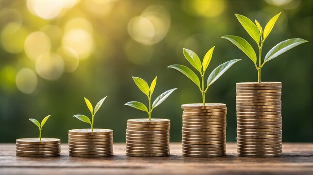 Young green plants growing out of a stack of gold coins &ndash; a symbol of financial growth.