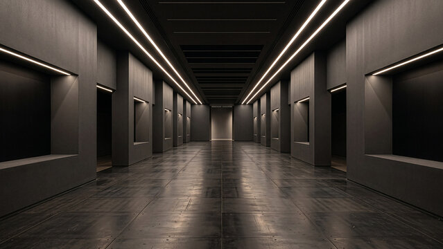 Symmetrical modern dark hallway with linear lights and display niches