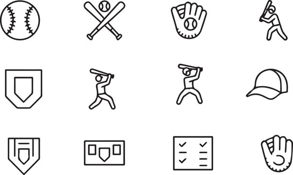 Baseball sport icons set including ball bat glove and player  various baseball equipment and actions