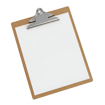Brown wooden clipboard with metal clip isolated