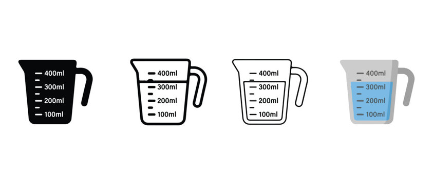 measuring cups with different levels of liquid in a row for cooking and baking recipes  various scales and handles