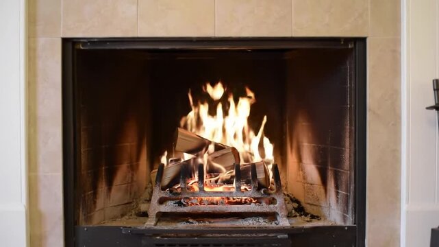 Cozy wood fire burning in stone fireplace.