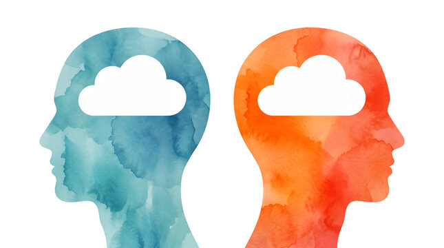 Contrasting Minds with Cloud Ideas in Watercolor Head Silhouettes Isolated on White