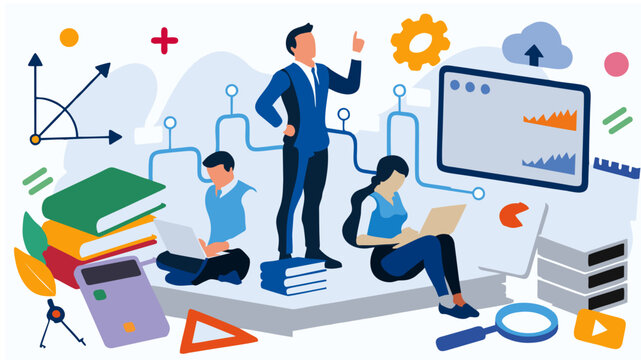 Business education and data analysis vector illustration. People working with laptops, books, and financial graphs in flat style.